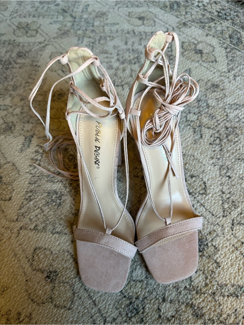 Public Desire Blush Pink Lace-Up Square Toe Heels